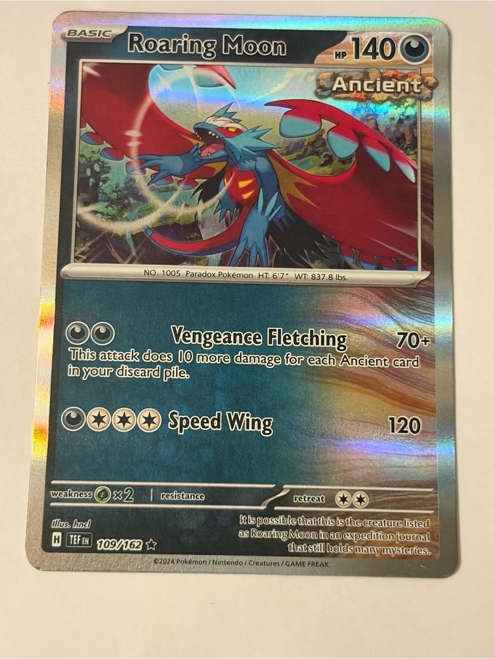 Pokemon Roaring Moon Ancient Holographic Card - Blue & Red